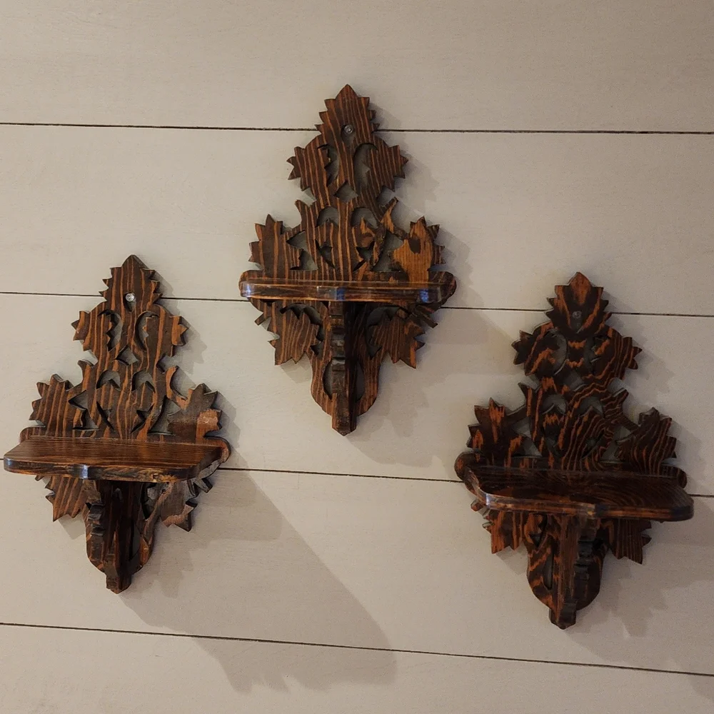 Set of three vintage hobby made plywood ornate scroll fretwork shelves